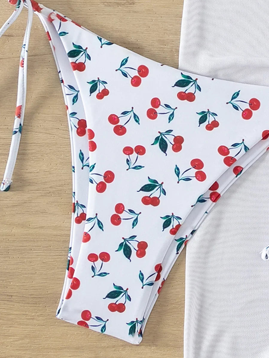 XS - L Cherry Print Halter Strappy Bikini Female Swimsuit Women Swimwear Two-pieces Bikini Set Tie Side Bather Bathing Suit Swim