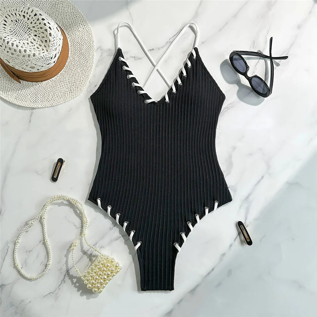 5 Colors V Neck Ribbed Cross Back One Piece Swimsuit Women Swimwear Female High Leg Cut Monokini  Bather Bathing Suit Swim V6278