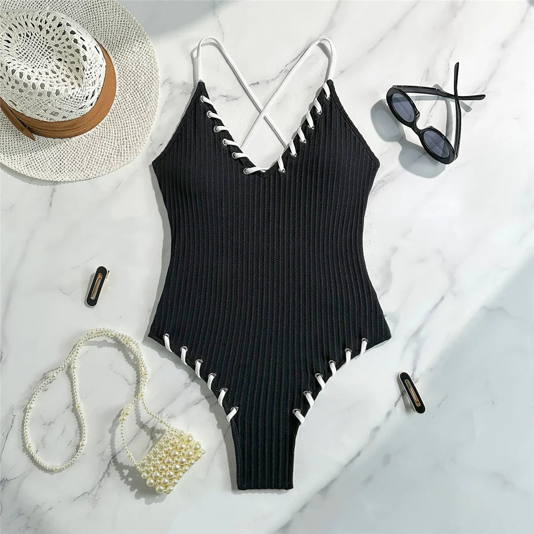 5 Colors V Neck Ribbed Cross Back One Piece Swimsuit Women Swimwear Female High Leg Cut Monokini  Bather Bathing Suit Swim V6278