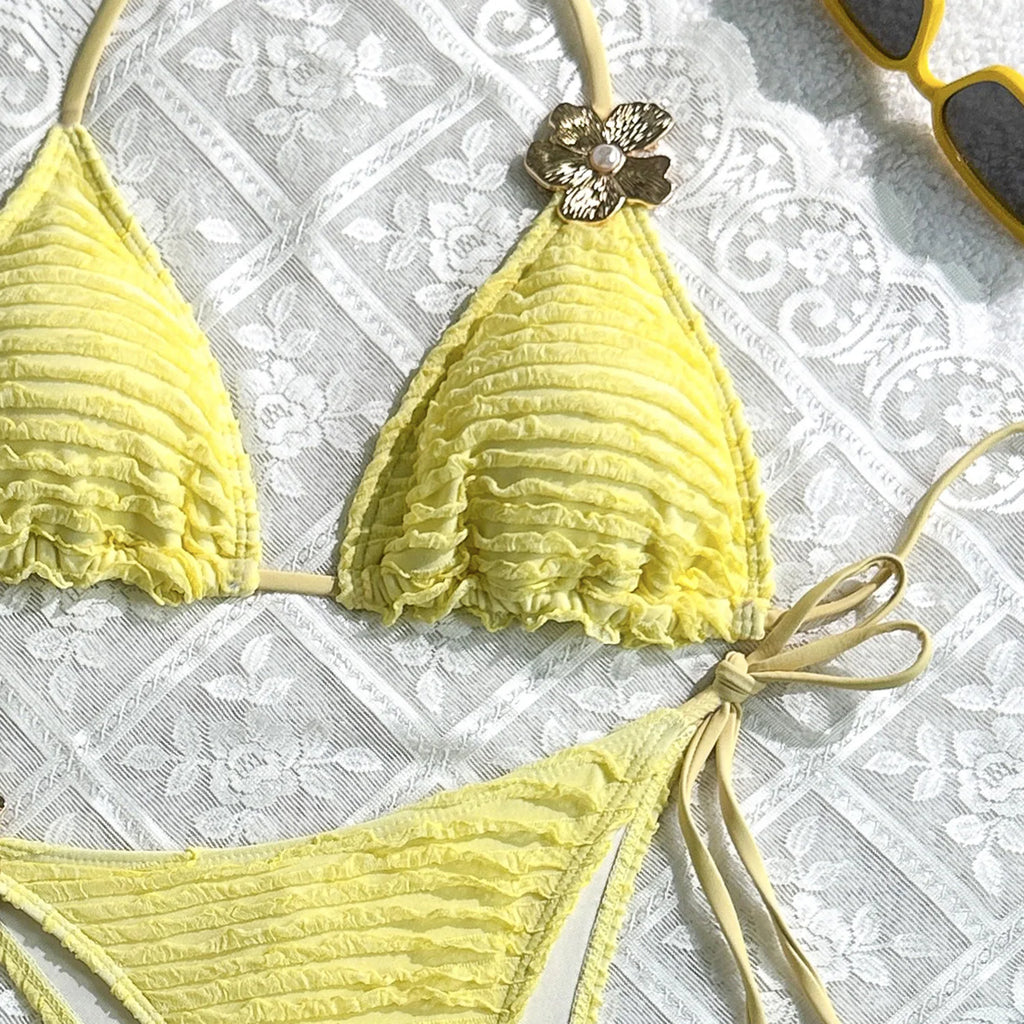 Sexy White Yellow Micro Bikini 2026 Women Metal Flower Push Up Bra Bandage Triangle Swimsuit Beach Bathing Suit Holiday Swimwear