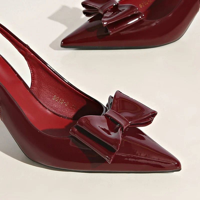 Sexy Wine Red High Heel Sandals Women Bowknot Pointed Toe Stiletto Heels Mules Shoes Woman Fashion Slip On Party Dress Shoes