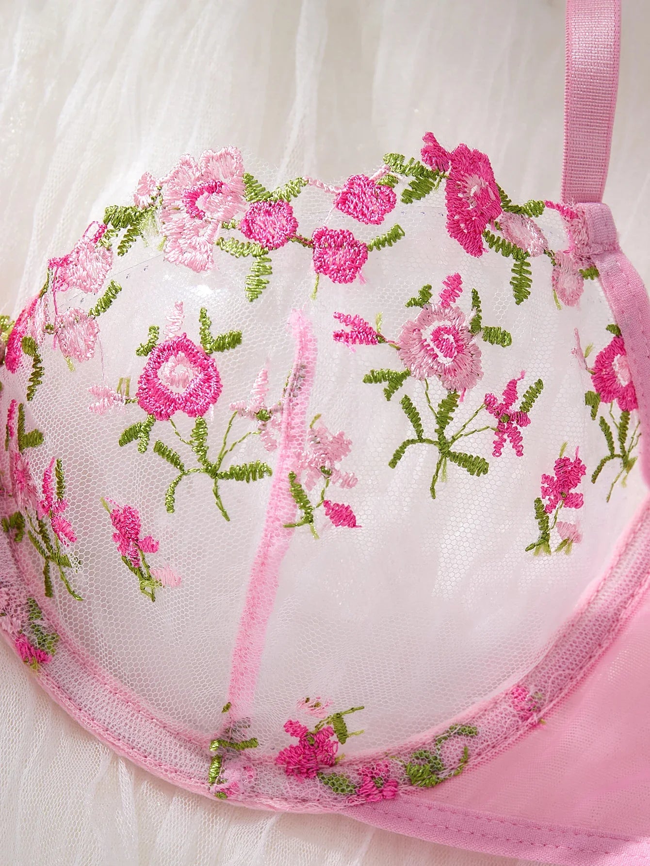Women's Pink Floral Embroidery Lingerie Set Half Cup Push Up Bra And Thong Sheer Mesh Lace Comfortable Sexy Underwear ZA824026