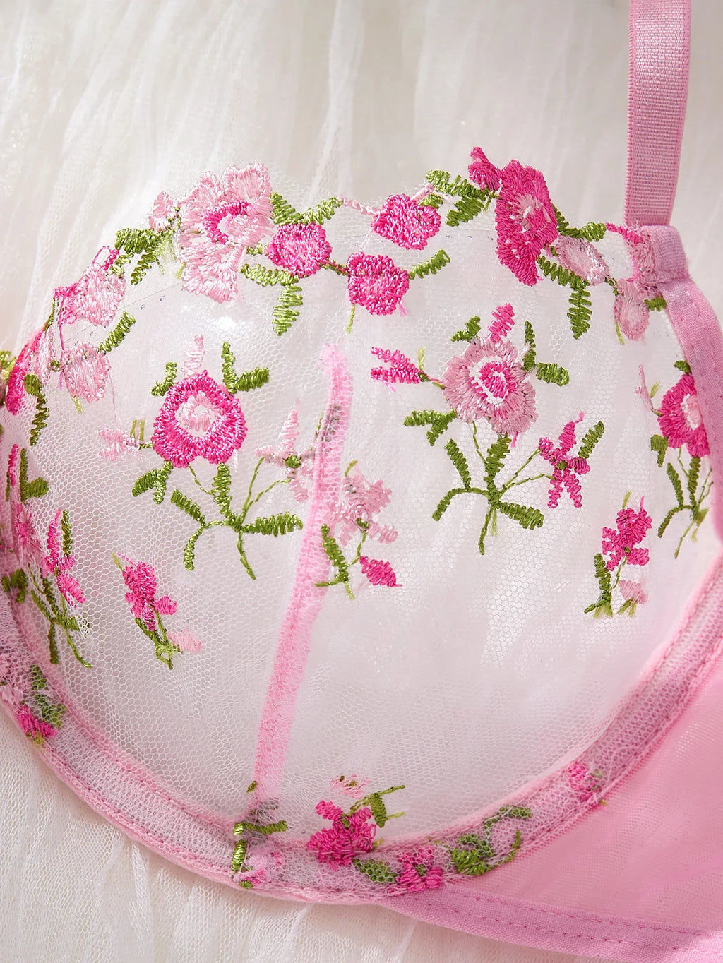 Women's Pink Floral Embroidery Lingerie Set Half Cup Push Up Bra And Thong Sheer Mesh Lace Comfortable Sexy Underwear ZA824026