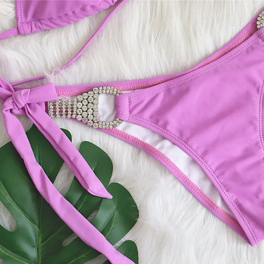 2026 Sexy Bikini Women Luxury Rhinestones Solid Swimwear Swimsuit Female Halter Beach Bikinis Set Bathing Suit Biquinis Feminino