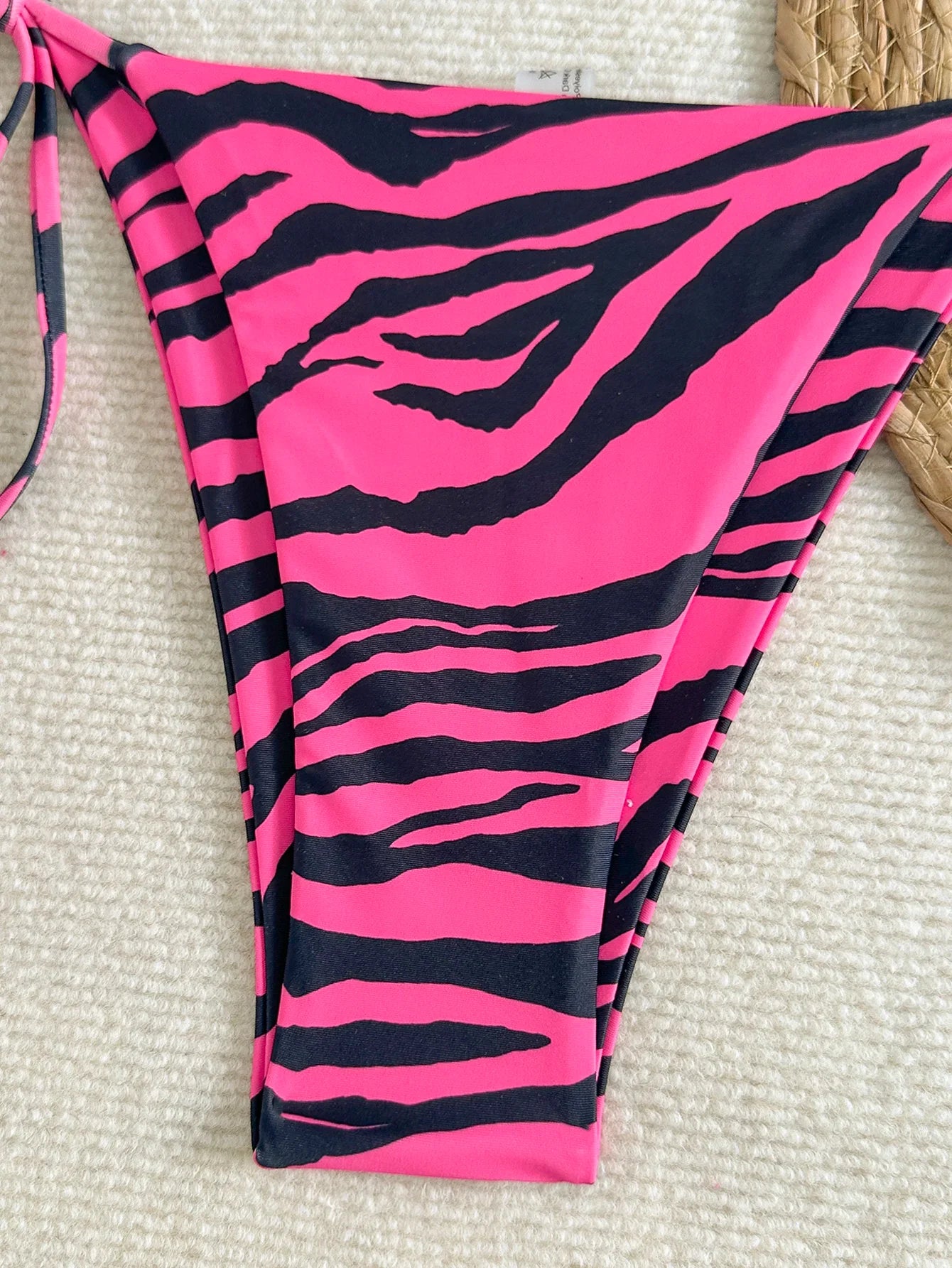 Women's Bikini Set, Two-Piece Sexy Swimsuit, Rose Red and Black Zebra Print, Side Tie Briefs, Lace-Up Triangle Bag