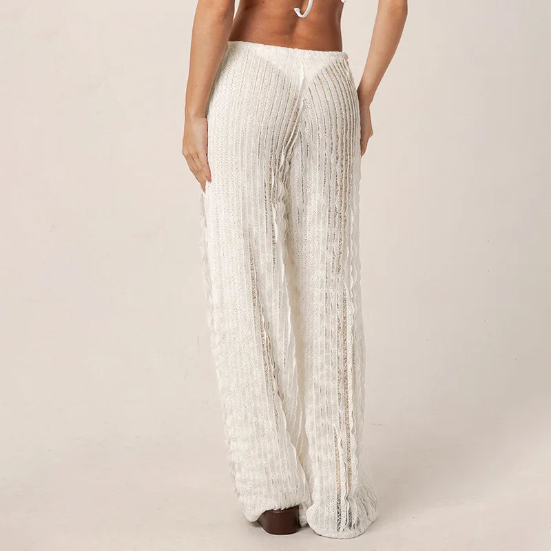 Women's trousers, fashionable and versatile, solid color, drawstring straight trousers, beach sun protection trousers