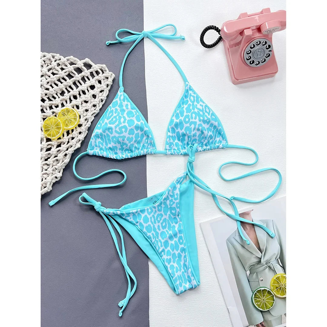 Sexy Leopard Printed Halter Brazilian Bikini Women Swimwear Female Swimsuit Two-Piece Bikini Set Bather Bathing Suit Swim V3681
