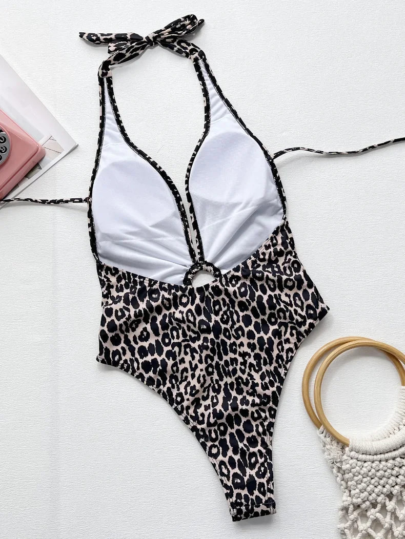 2026 Sexy One Piece Swimsuit Swimwear Women Deep V-neck Halter Leopard Metal Circle Bathing Suit Beachwear Maillot De Bain Femme