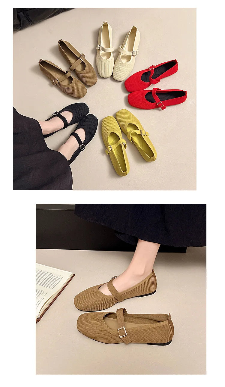 Women Flats Summer Trend Knitted Mary Jane Shoes for Woman Breathable Footwear Lightweight Casual Flat Shoes Zapatos De Mujer