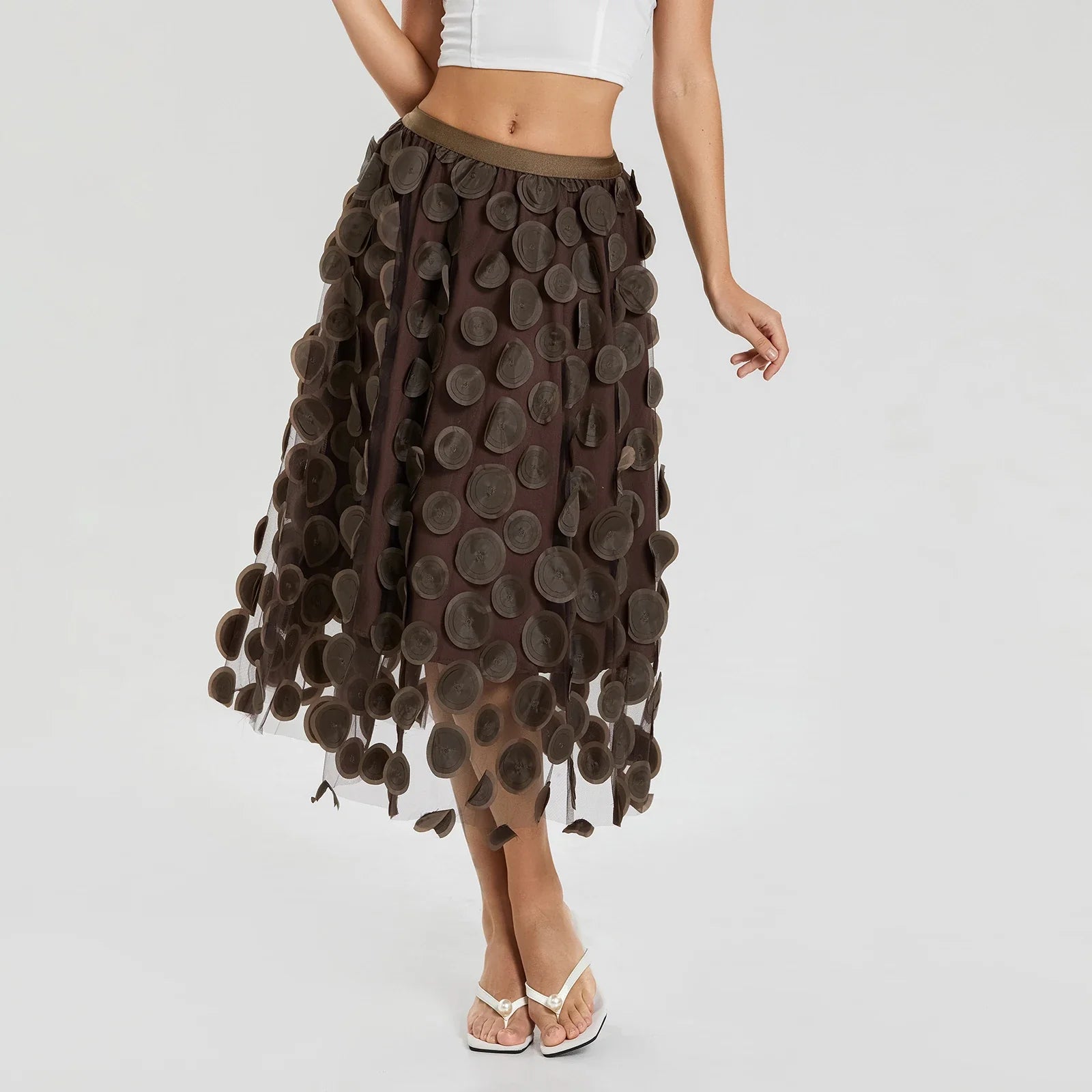 Women Tulle Tutu Skirt Solid Color 3D Dot Elastic Mesh Fairy A-Line Skirt for Beach Party Streetwear