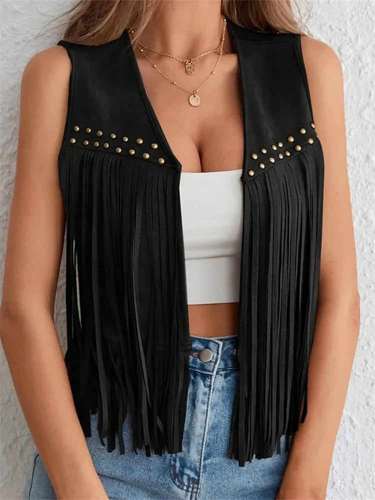 Suede Tassel Vest Women's 70s Hippie Outfit Sleeveless Open Front Vest Western Jacket