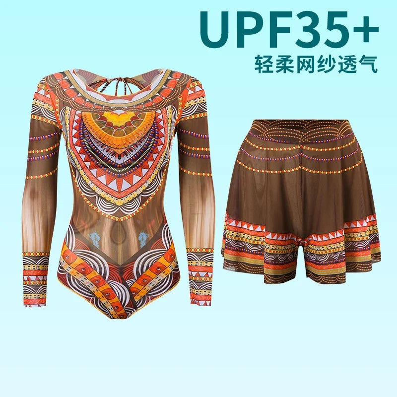 2025 Long Sleeve Sheer Sun Protection One-Piece Set Swimsuit Women Sexy Rash Guard Swimwear Bodysuit Beachwear With Cover up