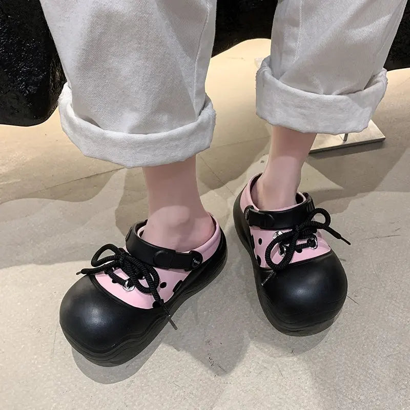 2026 New DIY Lace-up Fashion Clogs For Women Platform Slippers Thick Sole Summer Shoes Female Street Sandals Home Beach Slides