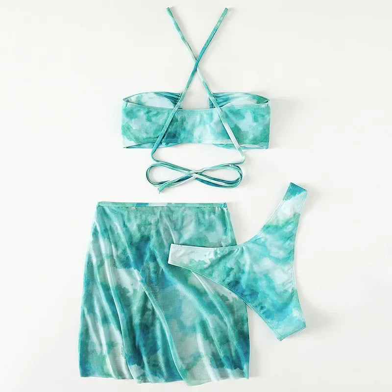 Wrap Around with Mesh Sarong Skirt Bikini Female Swimsuit Women Swimwear Three-pieces Bikini Set Beachwear Bathing Suit Swim