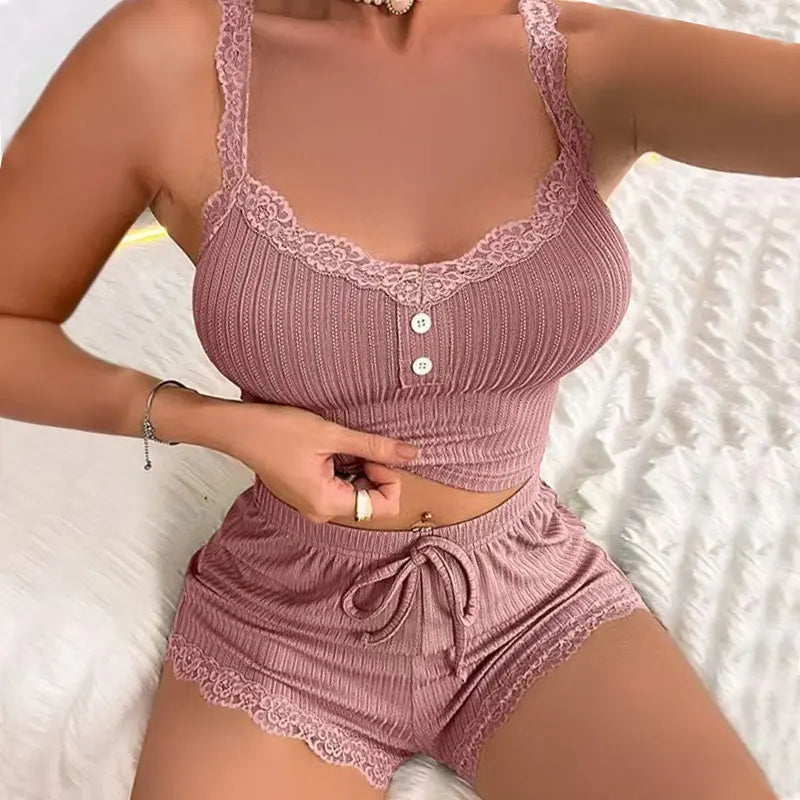 S-2XL Hot Selling Sexy Women's Summer Pajamas Set Solid Striped Halter Top And Elasticated Belted Shorts Set Thin Home Clothing