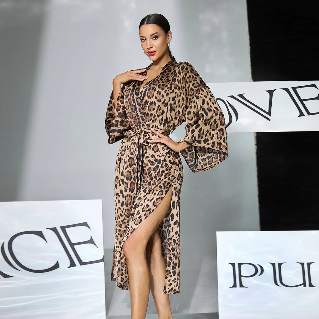 Sexy Leopard Print Satin Long Robe Women Flare Sleeve Tie Waist High Slit Loungewear Outerwear