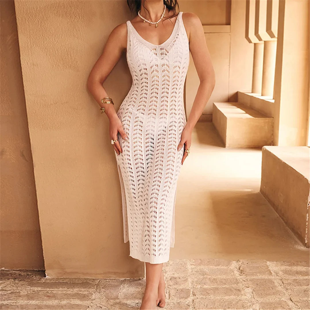 4 Color Hollow Out Sleeveless Crochet Knitted Tunic Beach Cover Up Cover-ups Beach Dress Beach Wear Beachwear Female Women K6783