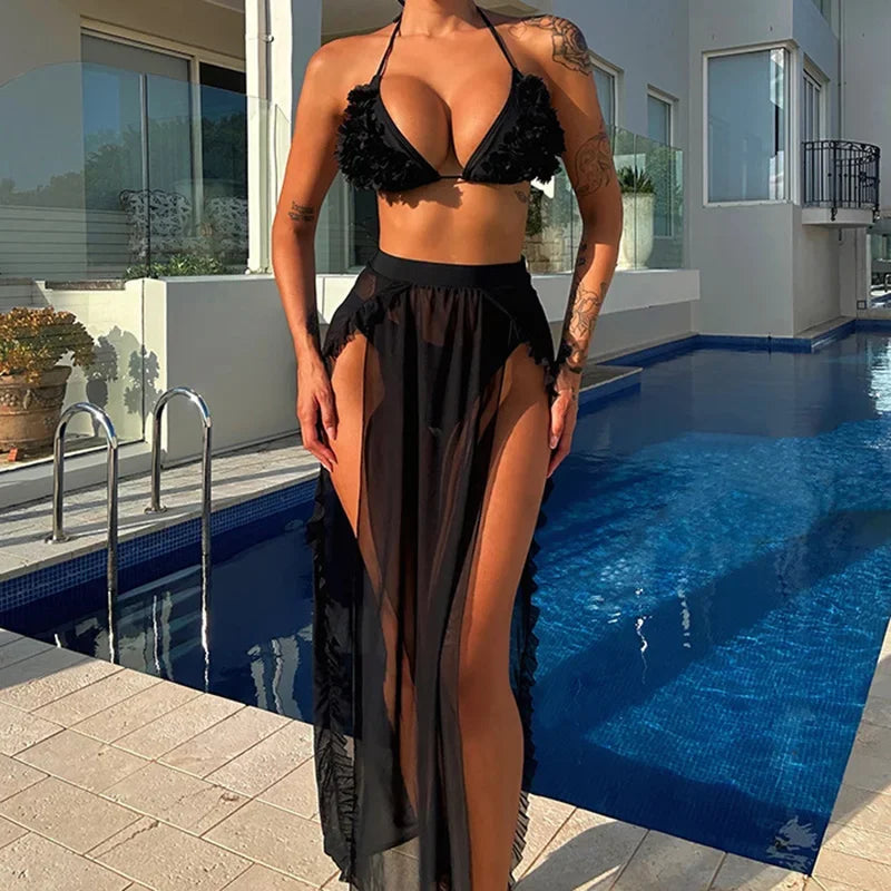 3D Flowers Ruffled Halter Long Skirt Bikini Women Swimwear Female Swimsuit Three-pieces Bikini Set Bathing Suit Swim Beach Wear