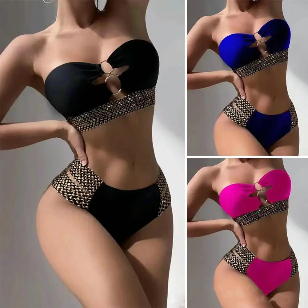 2Pcs/Set Women Bikini Set Ring Connection Off Shoulder Bathing Suit Elastic Waistband Backless High Cut Lady Beach Bikini Suit