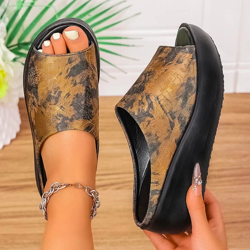 Vintage Printing Wedges Slippers Women Plus Size 44 Peep Toe Wedges Sandals Woman Lightweight Thick Sole Beach Sandles Summer