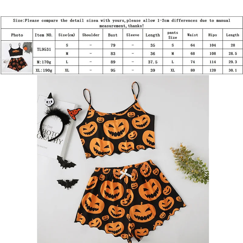 Sexy Halloween Pajamas Pumpkin Print Pajama Sets Suspender 2-piece Sleepwear Set Women's Pajamas European and American Home Wear