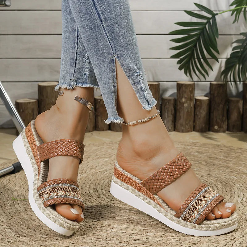 Bohemia Style Wedge Heel Sandals Women 2025 Summer Woven Platform Slippers Woman Lightweight Non Slip Thick Sole Casual Sandles
