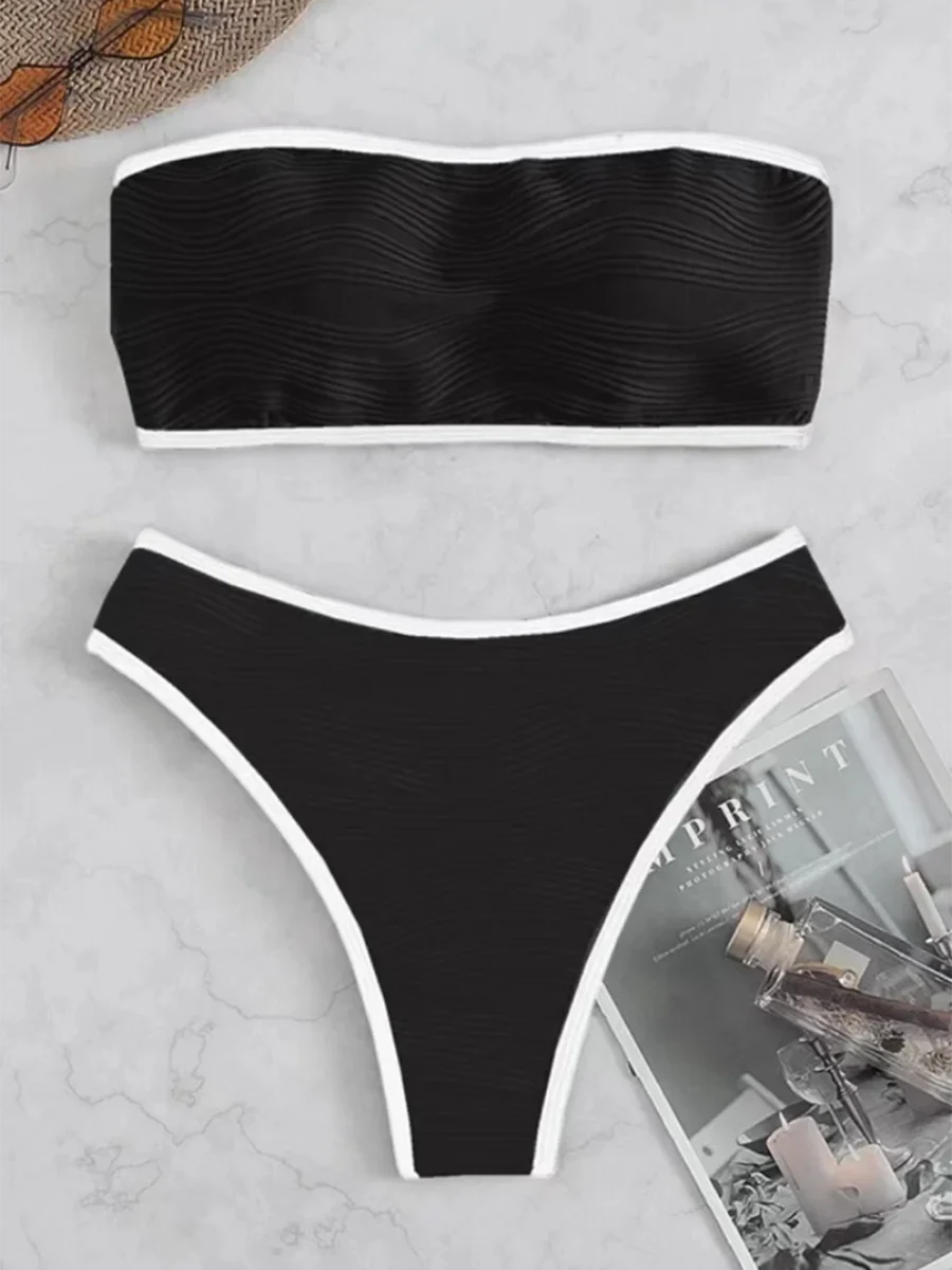 Contrast Binding Bandeau Bikinis 2026 Women Sexy Swimsuit Solid Padded Swimwear Female Bathing Suit Swimming Summer Beachwear