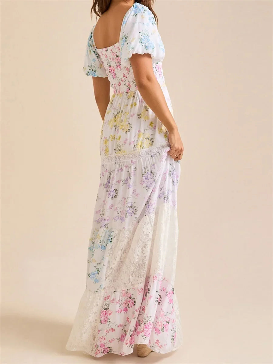 Women Summer Floral Print Dress Square Neck Puff Short Sleeve Ruffle Hem A-Line Dress Retro Casual Streetwear
