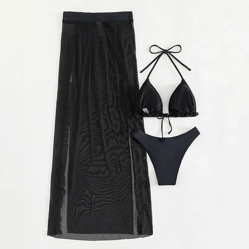 3D Flowers Ruffled Halter Long Skirt Bikini Women Swimwear Female Swimsuit Three-pieces Bikini Set Bathing Suit Swim Beach Wear