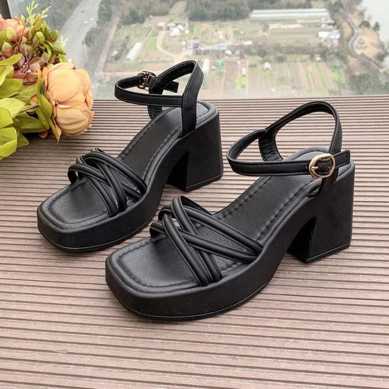 2026 New Fashion Summer Open  Round Toe Bottom Buckle Shallow Mouth Casual Thick High Heel Large Women's Sandals 35-42