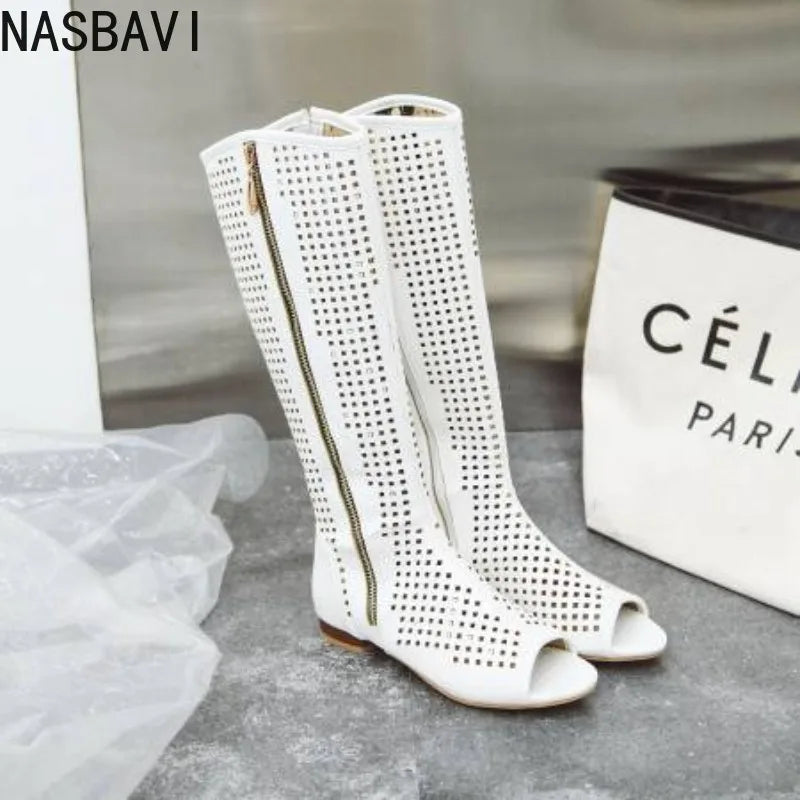 NASBAVI Fashion Women Flats Knee High Summer Boots Peep Toe Square Heels Fretwork Party Shoes Retro Rome Sexy Ladies Footwear