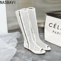NASBAVI Fashion Women Flats Knee High Summer Boots Peep Toe Square Heels Fretwork Party Shoes Retro Rome Sexy Ladies Footwear
