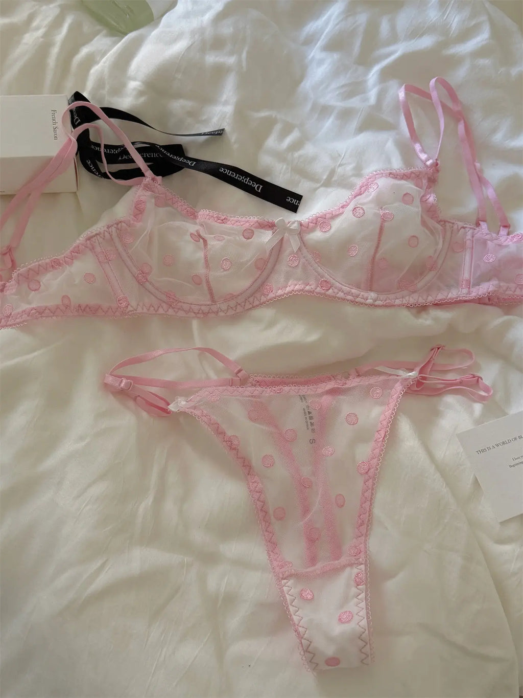 French Retro Lace Bra & Thong Set | Sexy Polka Dot Sheer Mesh Lingerie for Plus Size Big Bust, Ultra Thin MOYISU Panty TUSHY Set