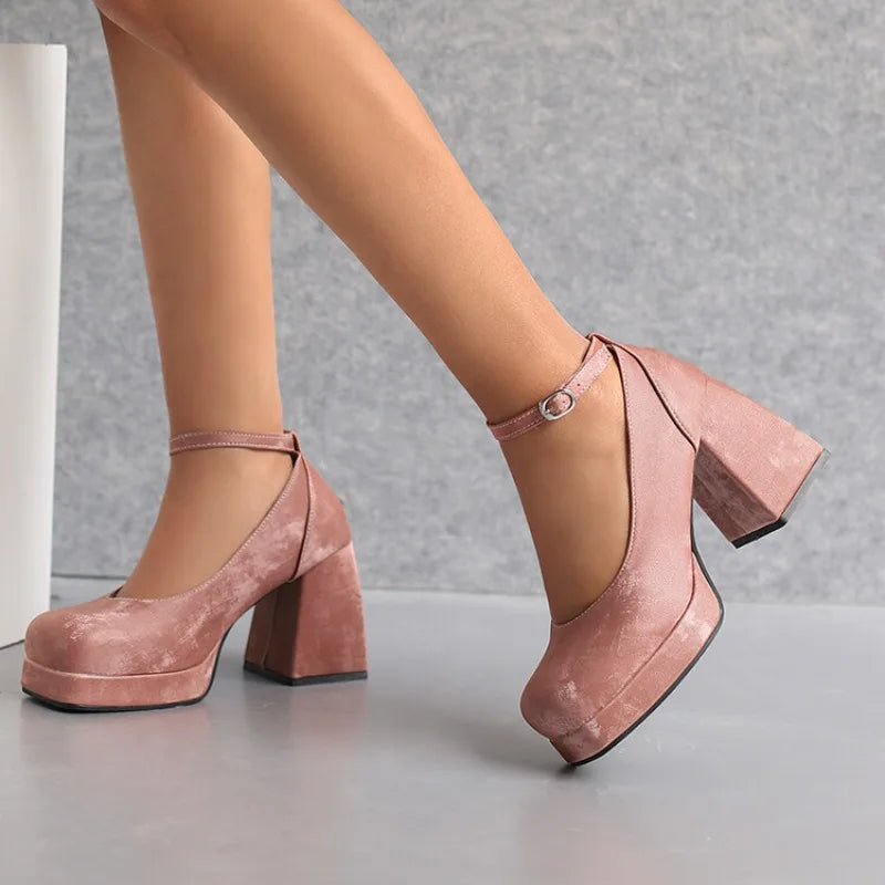 2026 Spring Style Suede Women's Thick-Soled High Heels with Ankle Buckles Women's High Heels Sizes 34 - 48