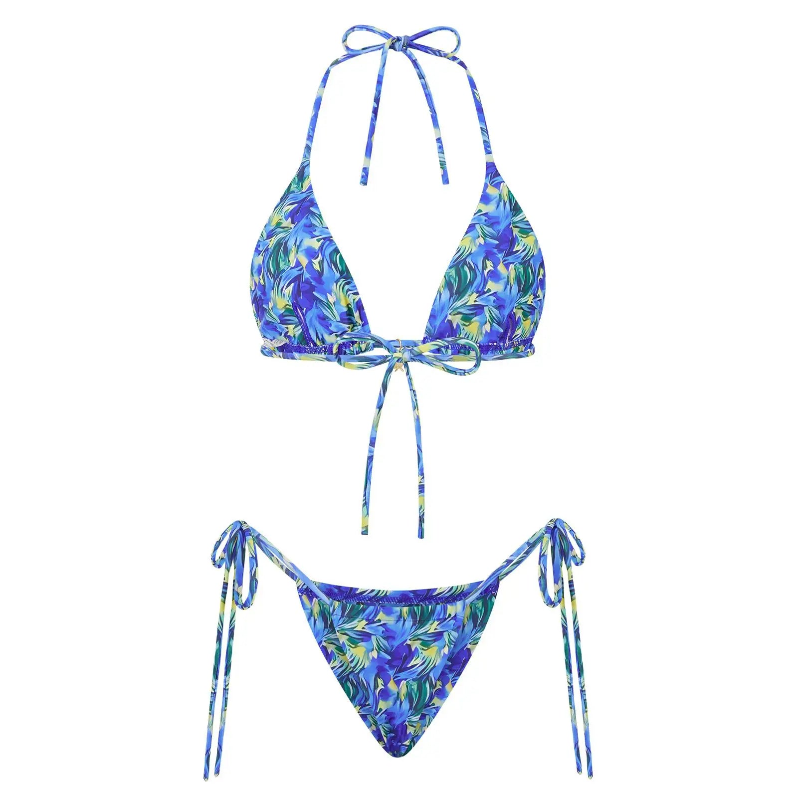 Combhasaki Women's Y2K Goth 2Pieces Tie-up Bathing Suits Sleeveless Halter Neck Backless Floral Bra + Low Waist Thong Swimsuits