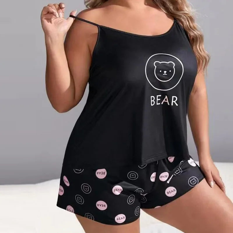 Plus Size Women's Pajamas Set Bear Print Sleeveless Screw Top & Shorts Female 2 Pieces Sleepwear Nightwear Homewear Cloth