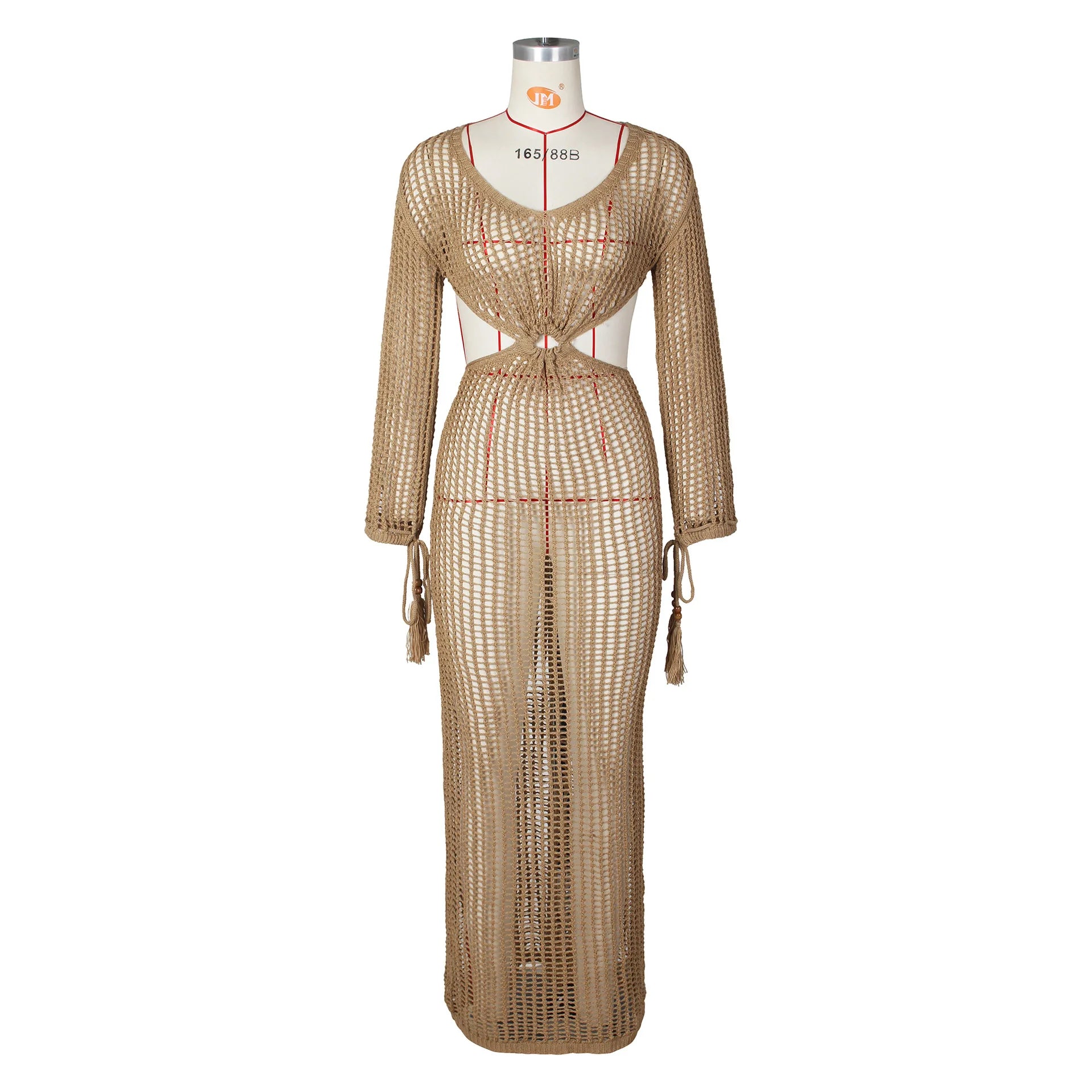 DEKA New Sexy Knit Mesh Cut Out Deep V Neck Long-sleeve Lace-up Fringe Tunic Summer Women Swimsuit Cover-ups Beach Maxi Dress