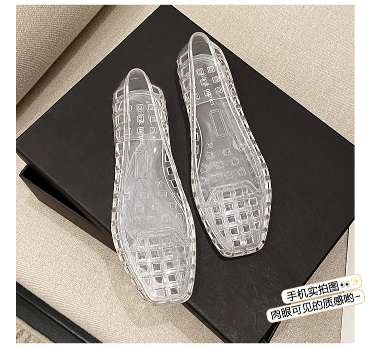 New 2025 Women Fashion Jelly Shoes Summer Cut-out Flat Sandals, Soft PVC Casual Square Toe Girls Daily Walking Sandalias