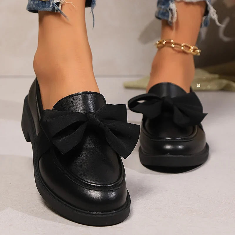 2025 Spring Black Bow Tie Loafers Women Preppy Platform Thick Sole Pumps Lady British Retro Style Office Pu Leather Shoes Mujer
