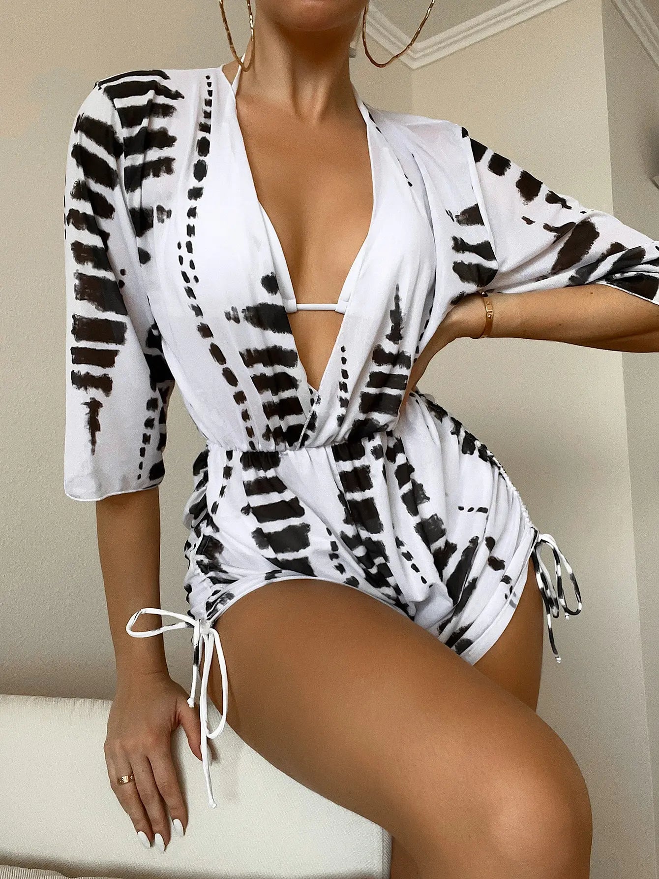 3 Pieces Bikini Tropical Print Swimsuit Halter Drawstring Side Swimwear Women 2026 Bathing Suit Female Swimming Summer Beachwear