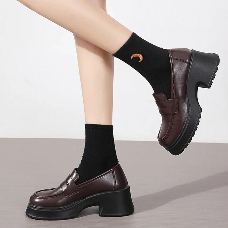 Brown Pu Leather Platform Loafers for Women British Style Round Toe Thick Heel Pumps Woman Slip On High Heels Office Shoes Lady
