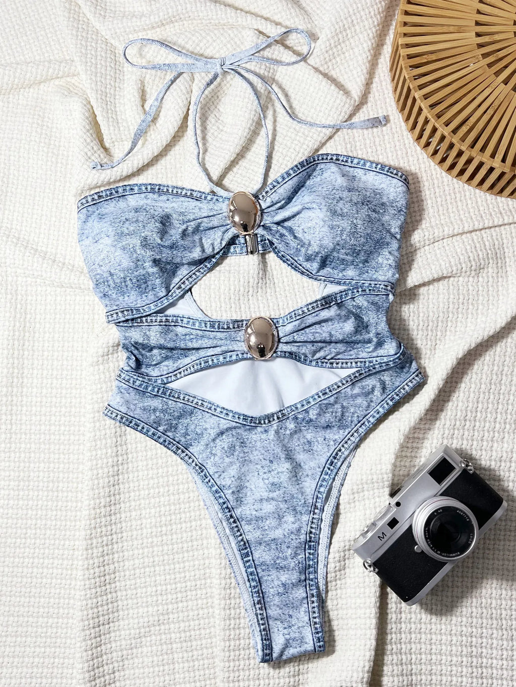 DEKA Women Hellow Denim Swimwear Printed Halter Cut Out One Piece Swimsuit Female High Cut Leg Padded Bather Bathing Suit Swim