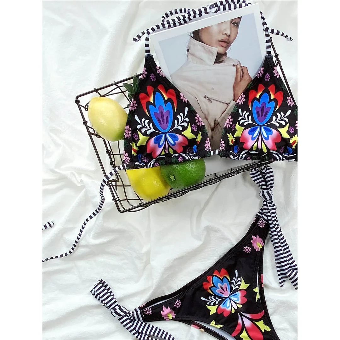 Brazilian Women Swimwear Flowers Printed Halter Bikini Female Swimsuit Two-Pieces Bikini Set Bather Bathing Suit Swim Lady V3394