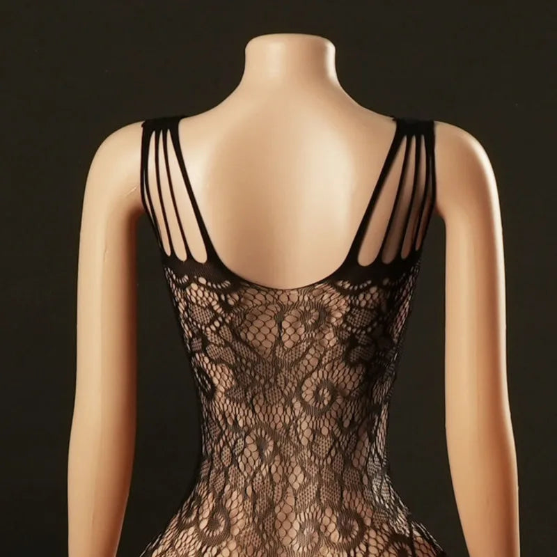 Sexy Bodysuit With Hollowed-out Chest Mesh Sexy One-piece Jacquard Open-crotch Halter Neck Backless Deep V Sleeveless Charm 57AF