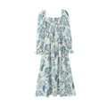 French Casual Style Square-neck Slim-fit Dress Feminine With Side Slit Three-quarter Sleeves Waist Cinching Printed Holiday THF3