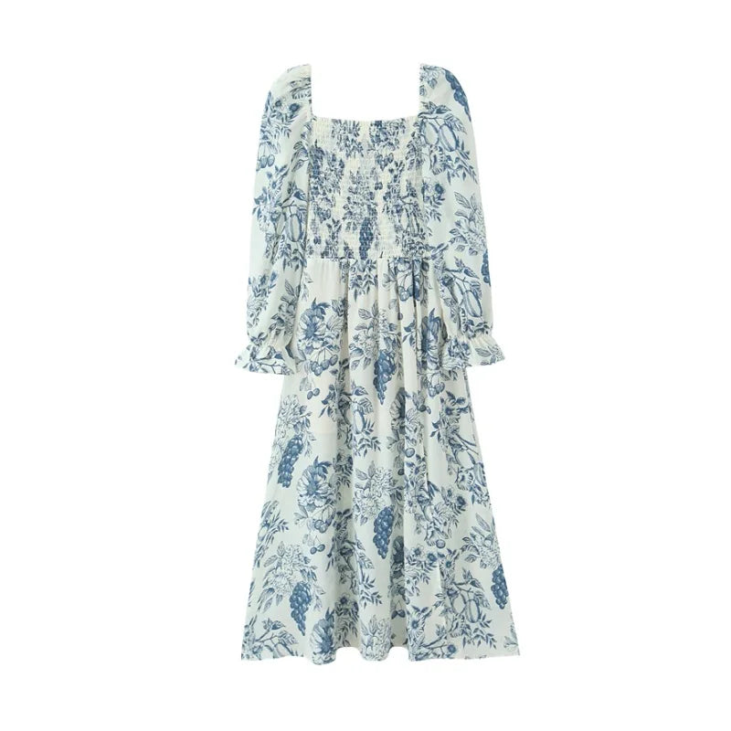 French Casual Style Square-neck Slim-fit Dress Feminine With Side Slit Three-quarter Sleeves Waist Cinching Printed Holiday THF3