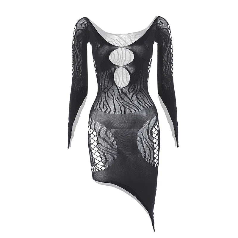 1 Piece Beach Cover Up without Bikini Summer's Hottest Mesh Swimsuit Women Summer Pool Swimwear Long Sleeves Hollow Out Dress
