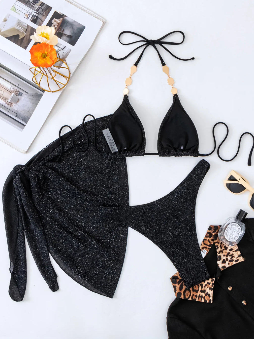 DEKA Women New Sexy Diamond Black Chain Bikinis Set Rhinestones 3 PCS Swiwmear Crystal Swimsuit Fashion Strap Bathing Suit