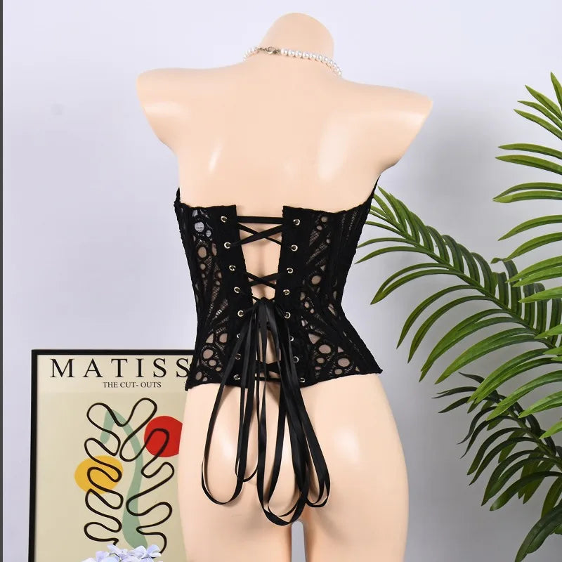 Toucheart Hot Girl Suspender Sexy Top with Fishbone Corset Intimate Hollow See-through Lace Classic Romantic Retro Palace Corset