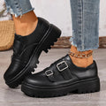 Fashion Double Buckle Platform Loafers Women British Style Thick Bottom Pu Leather Shoes Woman Comfort Round Toe Student Shoes